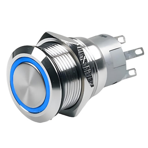 Pulsante Push-Button Illuminato con Anello Blu – 24V, On-Off, Dimensione Taglio 16mm